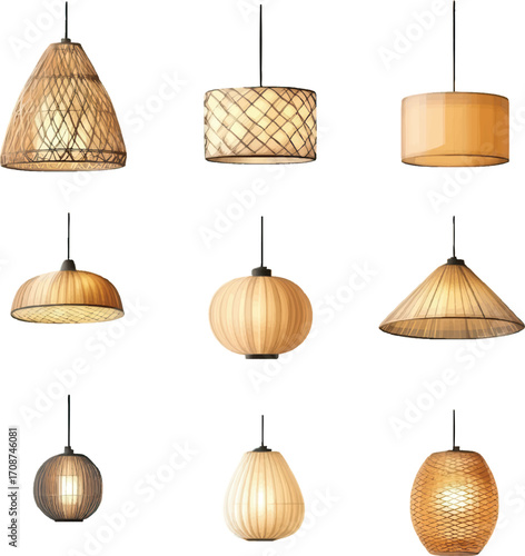 Assortment of Nine Woven and Paper Pendant Lamps on a White Background light lighting