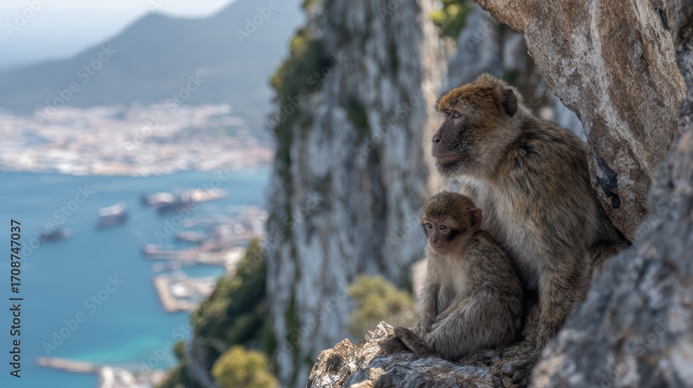 Naklejka premium Two Playful Monkeys Sitting on a Rocky Cliffside Near the Water, Ideal for Lifestyle and NatureFocused Projects, Evoking a Sense of Tranquility.