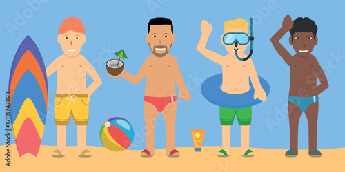 Male Swimsuit Bather Characters. Blonde, Black and Red Hairs, White, Brown and Black Skins, Wearing Shorts or Swim Trunks.