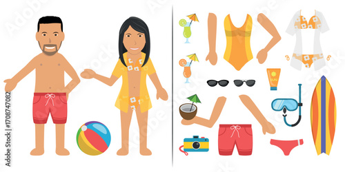 Couple Swimsuit Bather Character - Brown Character Black Haired, Man Wearing a Red Shorts and Woman Wearing a Orange Bikini. Customization Items Included.