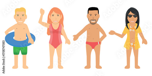 4 Swimsuit Bather Characters. Blond White Man, Redhead White Woman, Brown Man Black Haired and Brown Woman Black Haired Wearing Assorted Swimwear.