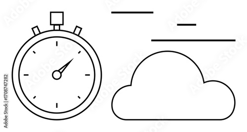 Stopwatch next to a cloud with dynamic lines suggesting speed, punctuality, and cloud computing. Ideal for time management, productivity, automation, efficiency, technology, data simple landing page