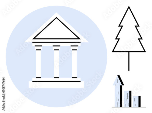 Columned building, pine tree, bar chart reflecting governance, sustainability, economic growth. Ideal for civic topics, education, policy, finance environment urban design simple landing page