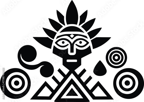 Ancient tribal mask and symbols vector illustration for scalable graphic design projects