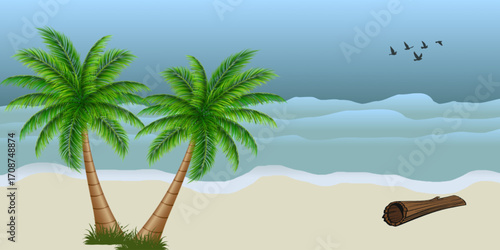 Coastal view, ocean waves and birds flying over the sea. Two coconut trees growing in the sea sand. Tree trunks washed up on the beach.