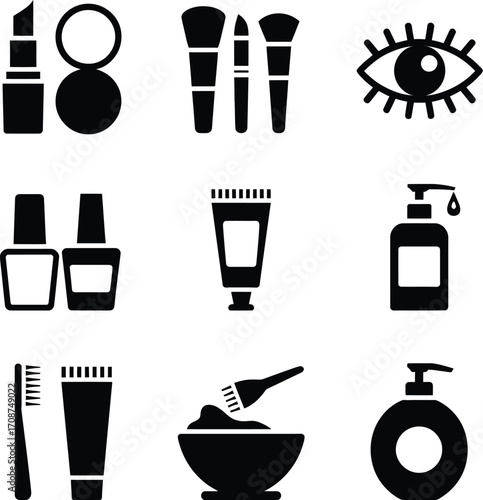 A collection of beauty and personal care items displayed in a simple black and white graphic style silhouette