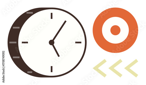 Large analog clock and orange target with arrows highlighting concepts of time, focus, and efficiency. Ideal for time management, deadlines, productivity, strategy, goals, efficiency simple flat