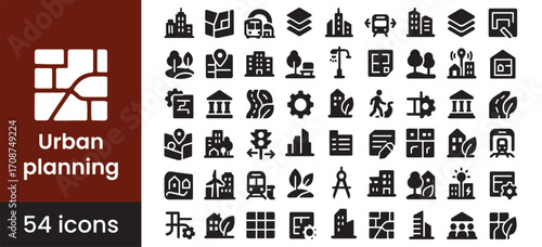 Urban planning and city development icon set with sustainable architecture symbols, featuring building, infrastructure, and map icons for municipal projects.

