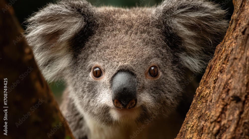 Naklejka premium Charming Closeup Portrait of a Grazing Koala Phascolarctos Cinereus Perfect for Naturefocused Projects, Evoking Calm and Tranquility.