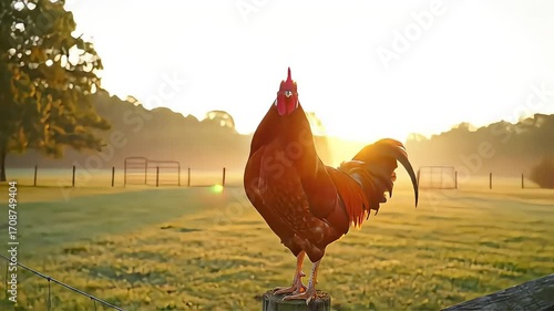 Rooster crowing at dawn on farm, vibrant feathers reflecting golden sunrise light on rural landscape