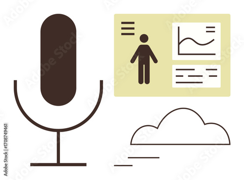 Microphone, analytics dashboard with graph and user profile, cloud element. Ideal for podcasting, data analysis, voice recognition, cloud storage, teamwork, digital communication simple flat