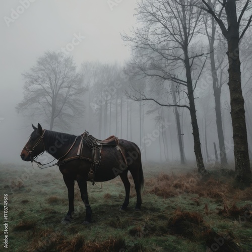 Horse stands alone in foggy forest as morning light filters through trees