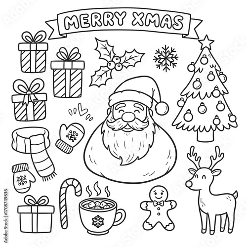 Christmas doodles featuring Santa, gifts, and festive elements  