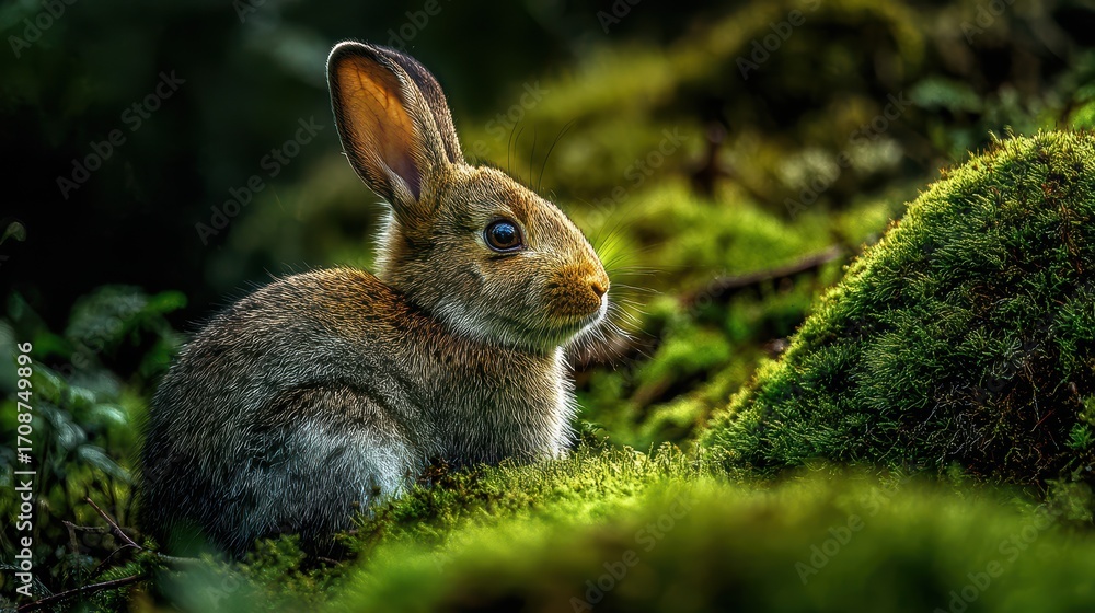 Fototapeta premium Adorable Woodland Petite Rabbit Observing Scenic Vista, Ideal for NatureFocused Projects Boosts Serene Calm Feelings.
