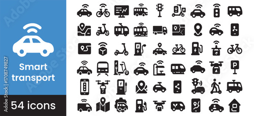 Smart transport and city mobility icon set for autonomous car and electric vehicle technology, featuring symbols for future urban transportation systems.

