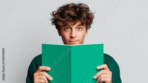 Man is holding a green book and looking at the camera. The book is open to a page with a picture of a man and a woman. The man is wearing a green sweater and the woman is wearing a green shirt