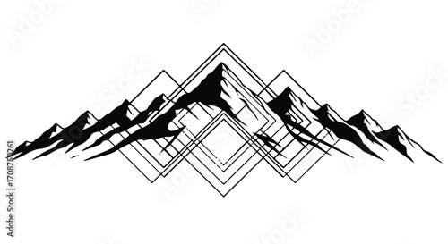 Majestic mountain range silhouette with geometric overlay, evoking adventure and modern design.