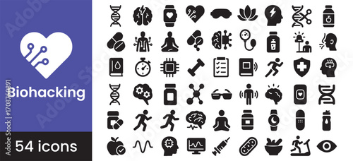 Biohacking icon set for health, technology, and science, featuring DNA, brain, fitness, wellness, and nutrition symbols for human optimization and biology.

