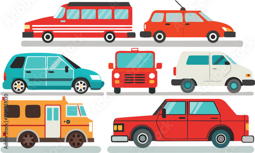Diverse collection of detailed flat style cars and vehicles vector illustration