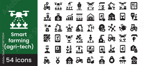 Smart farming and agriculture technology icon set with agri-tech symbols for AI, IoT, drone, and automation innovation in modern crop management.

