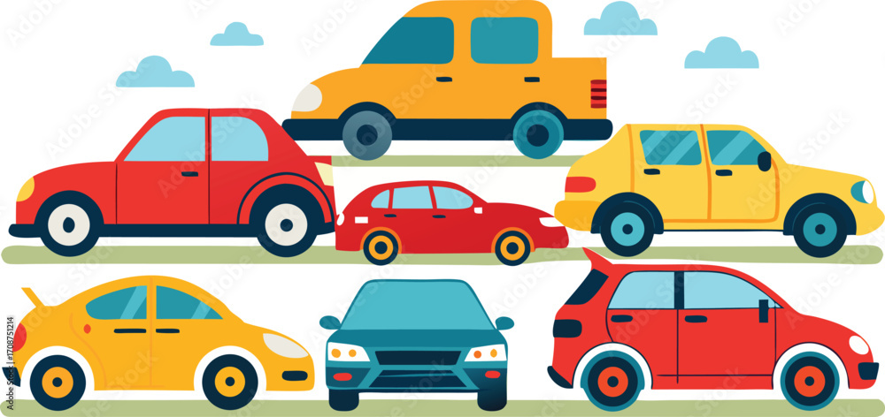Naklejka premium Diverse collection of colorful cartoon cars and vehicles vector illustration scalable graphics