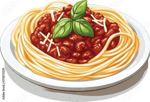 Spaghetti with meat sauce and basil leaves served on a white plate with a transparent background