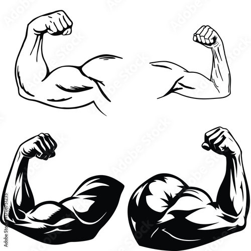 Illustration of a muscular arm flexing in a black and white style graphic art. Vector illustration