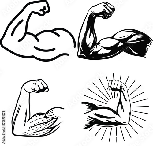 Illustration of a muscular arm flexing in a black and white style graphic art. Vector illustration