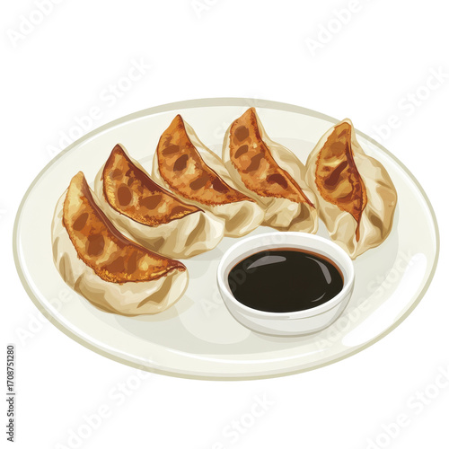 Delicious Plate of Pan-Fried Dumplings with Soy Sauce Dip, Perfect for Sharing and Enjoying Asian Cuisine on transparent background