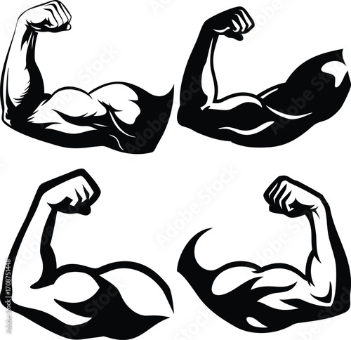 Illustration of a muscular arm flexing in a black and white style graphic art. Vector illustration