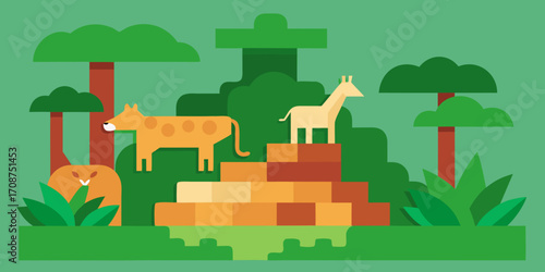 Paper Craft Jungle With Layered Animals Vector Illustration