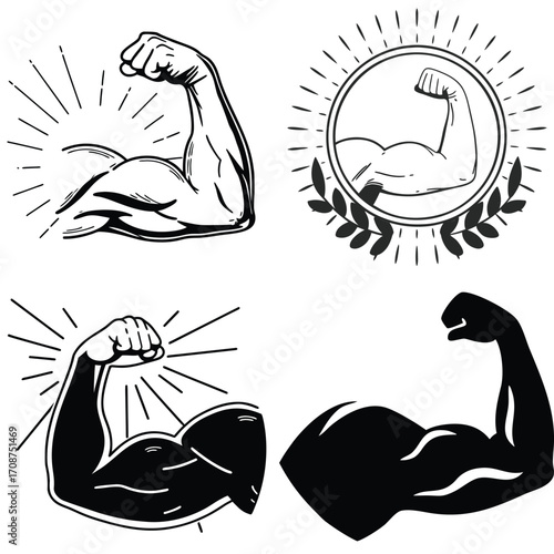 Illustration of a muscular arm flexing in a black and white style graphic art. Vector illustration