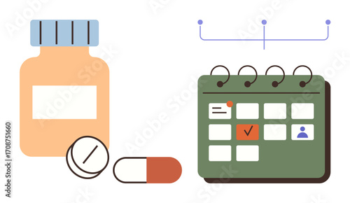 Medicine bottle, tablets, capsule next to marked calendar for dosage tracking. Ideal for healthcare, time management, daily routine, medical schedule, wellness planning, reminders simple flat