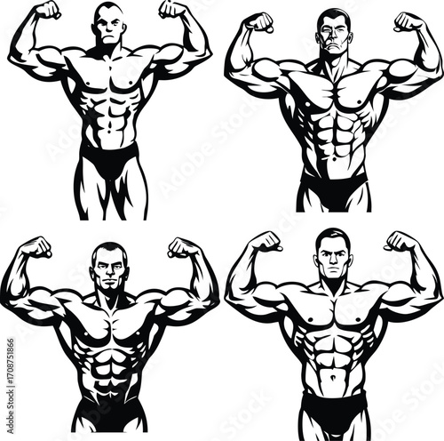 Illustration of a muscular arm flexing in a black and white style graphic art. Vector illustration