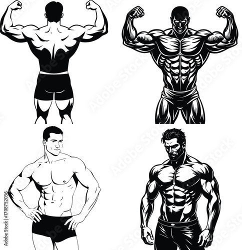 Illustration of a muscular arm flexing in a black and white style graphic art. Vector illustration