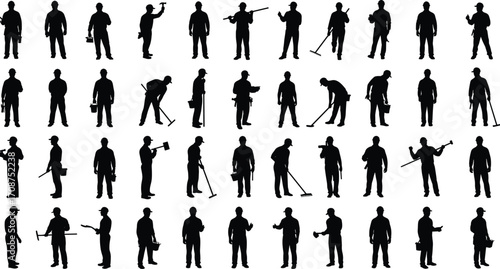 Silhouette workers performing construction, repair, and maintenance tasks with tools, equipment, and cleaning items, professional vector illustration design, isolated black silhouettes