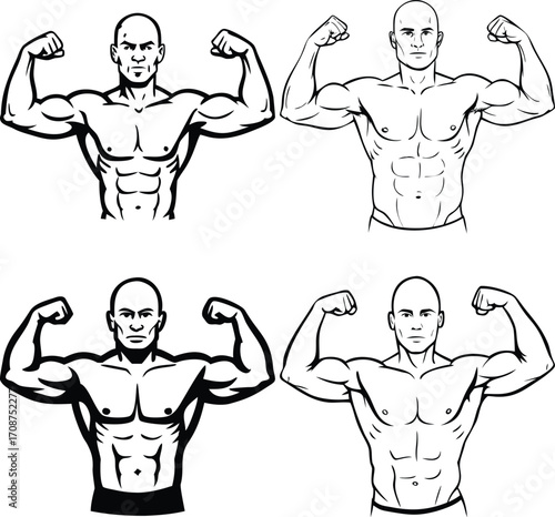 Illustration of a muscular arm flexing in a black and white style graphic art. Vector illustration