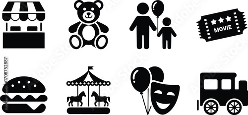 An assortment of black and white icons including a burger carousel and a movie ticket in a pattern silhouette