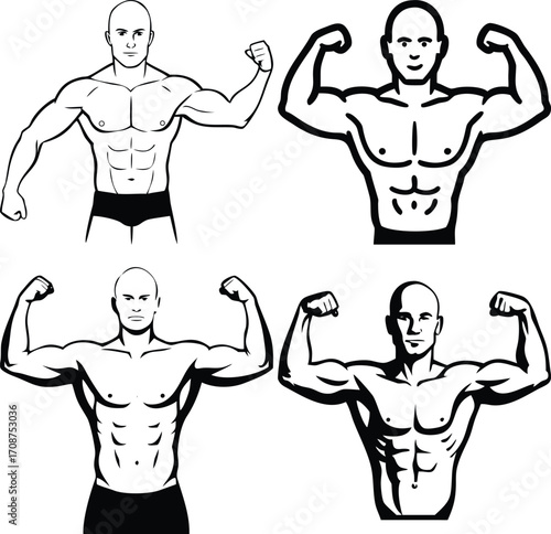 Illustration of a muscular arm flexing in a black and white style graphic art. Vector illustration