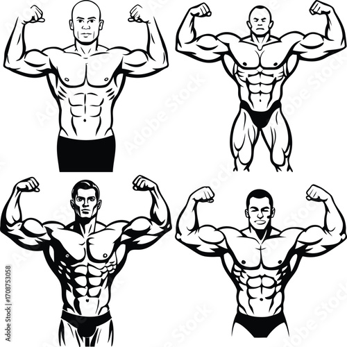 Illustration of a muscular arm flexing in a black and white style graphic art. Vector illustration