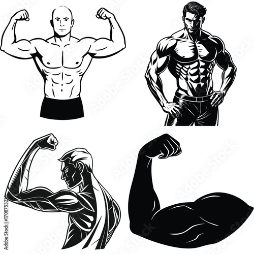 Illustration of a muscular arm flexing in a black and white style graphic art. Vector illustration