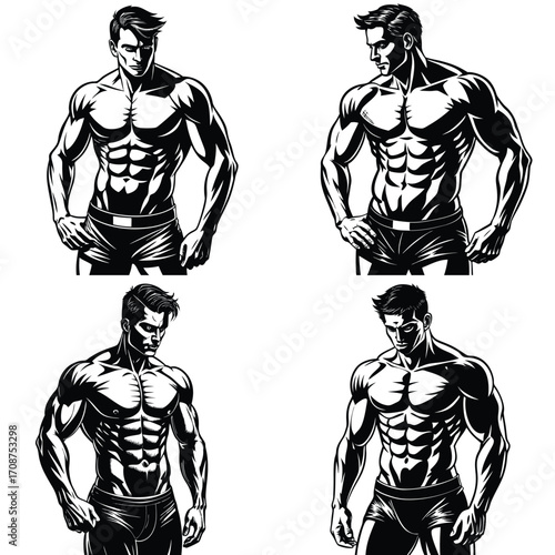 Illustration of a muscular arm flexing in a black and white style graphic art. Vector illustration
