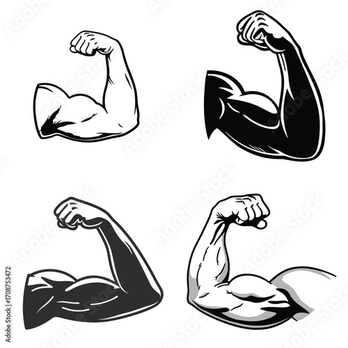 Illustration of a muscular arm flexing in a black and white style graphic art. Vector illustration
