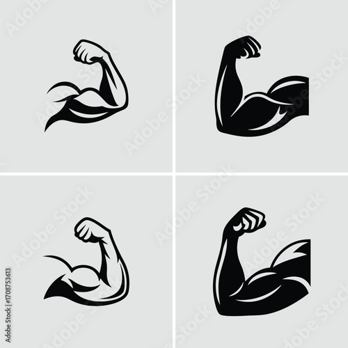 Illustration of a muscular arm flexing in a black and white style graphic art. Vector illustration
