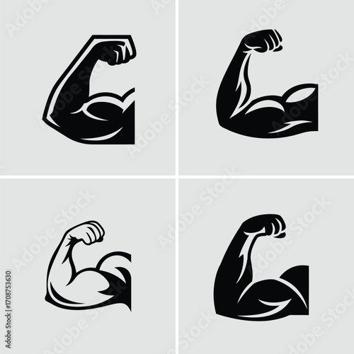 Illustration of a muscular arm flexing in a black and white style graphic art. Vector illustration