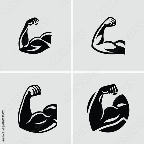 Illustration of a muscular arm flexing in a black and white style graphic art. Vector illustration