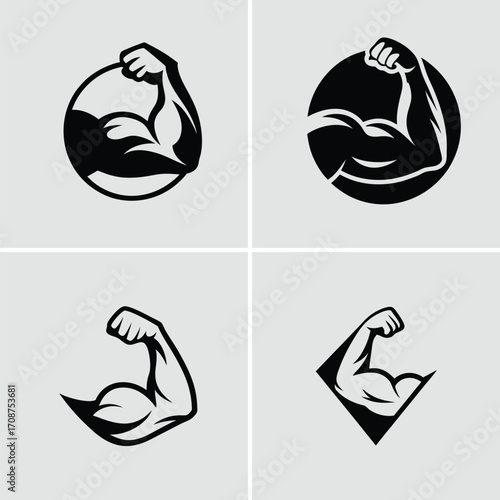 Illustration of a muscular arm flexing in a black and white style graphic art. Vector illustration