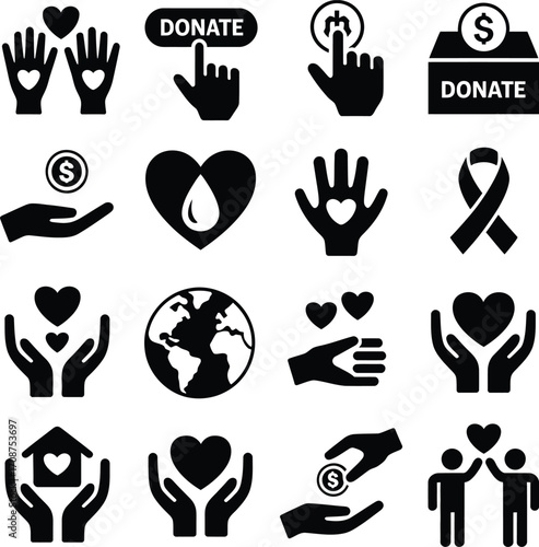Collection of black and white donation and charity icons depicting love, giving, and support causes silhouette