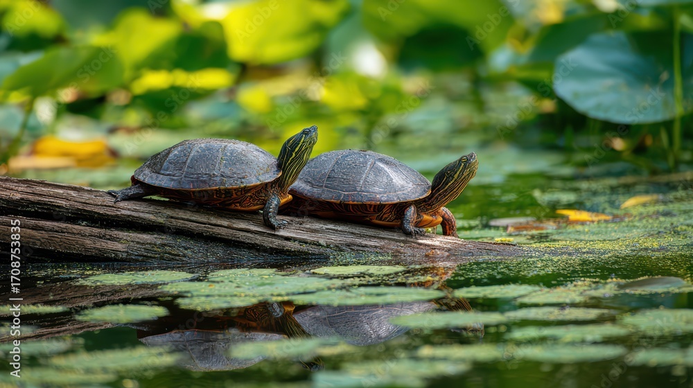 Fototapeta premium Two Tranquil Turtles Basking on a Log Amidst a Serene Pond Backdrop Perfect for RelaxationFocused Projects, Social Media Campaigns and Website Banners.