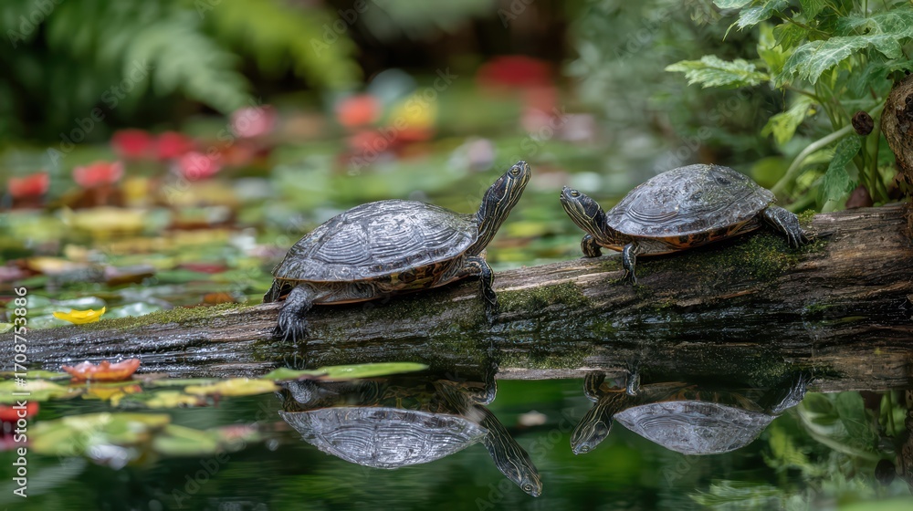 Obraz premium Two Peaceful Turtles Resting on a Log amidst a Tranquil Pond, Perfect for NatureThemed Projects or RelaxationFocused Campaigns.